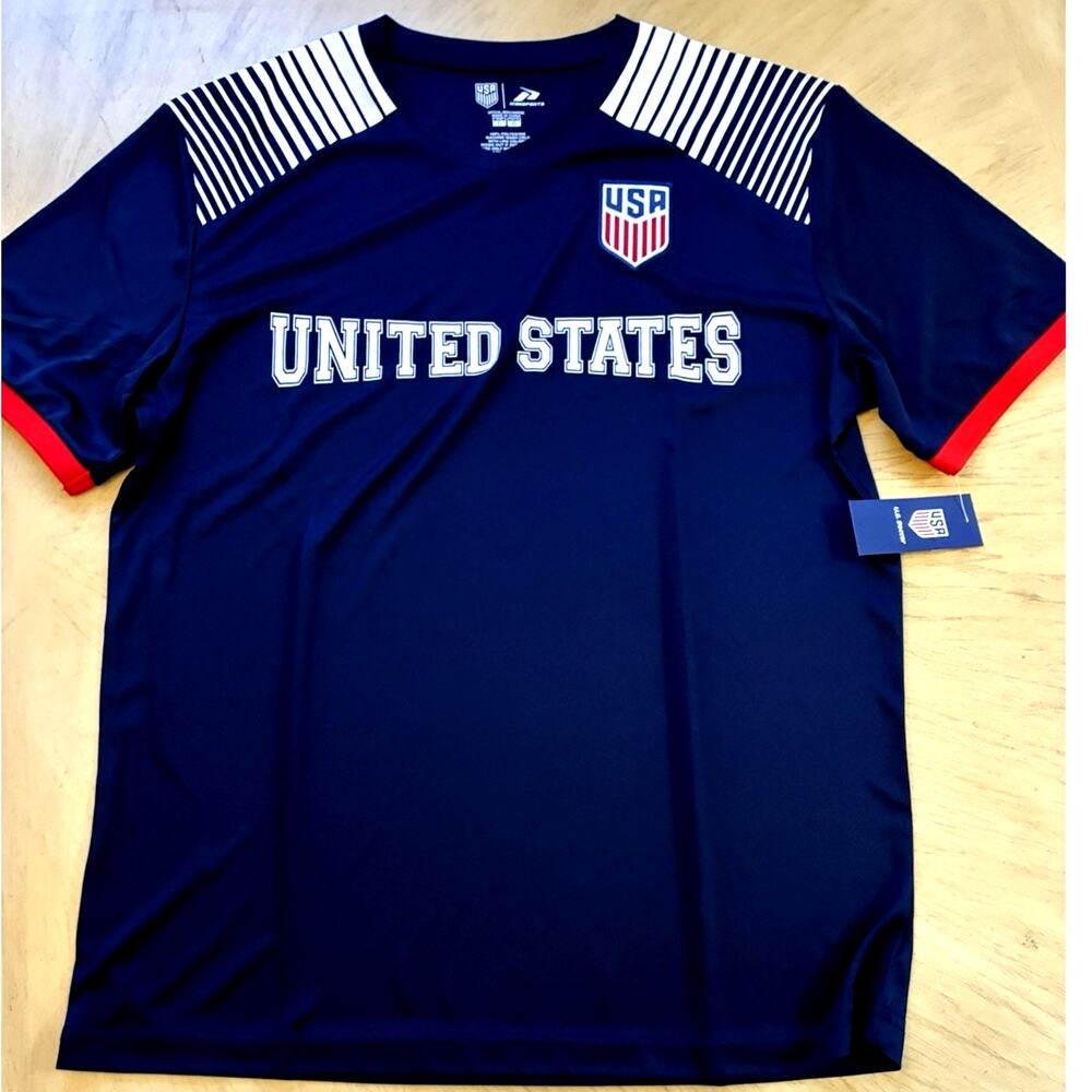 NEW USA Soccer USMNT Game Day Soccer Jersey USA Flag Patch Blue White Stripes XL